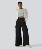 Pantalon décontracté micro gaufré jambe large taille haute avec poches