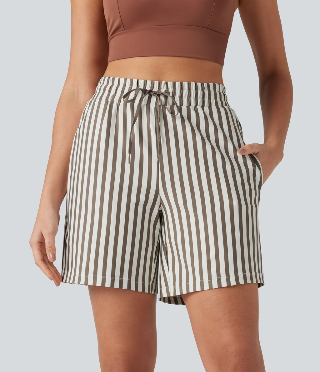 Short de yoga 2 en 1 à rayures taille haute avec cordon de serrage, poches, 17,5 cm