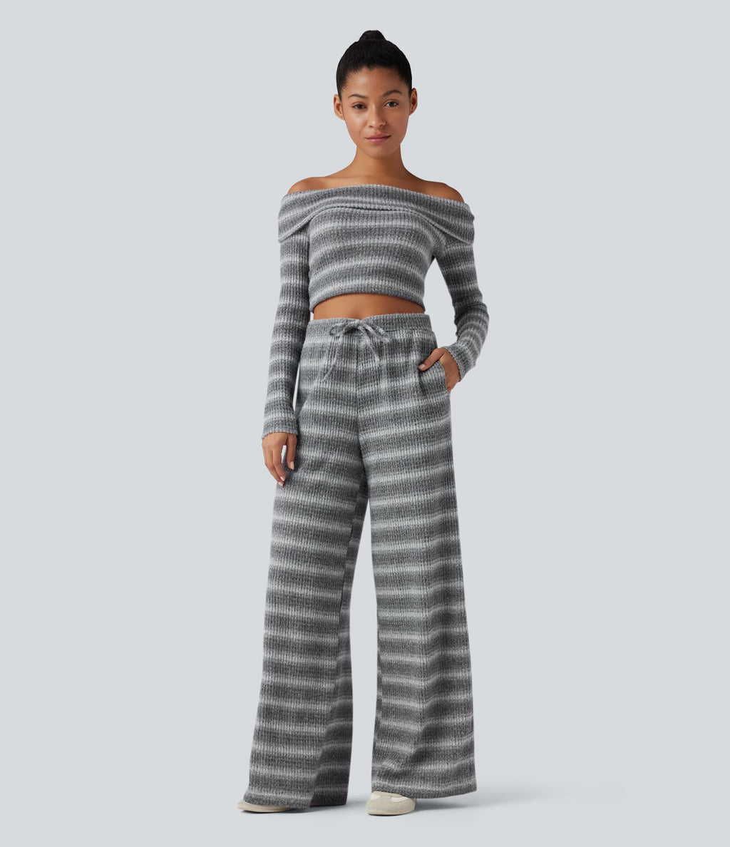 Pantalon large gaufré taille mi-haute avec cordon de serrage, rayures dégradées et poches