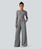 Pantalon large gaufré taille mi-haute avec cordon de serrage, rayures dégradées et poches