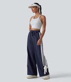 Pantalon large de course taille haute effet frais InstantCool à séchage rapide, color block à rayures avec nœud, cordon de serrage et poches, protection solaire UPF40+