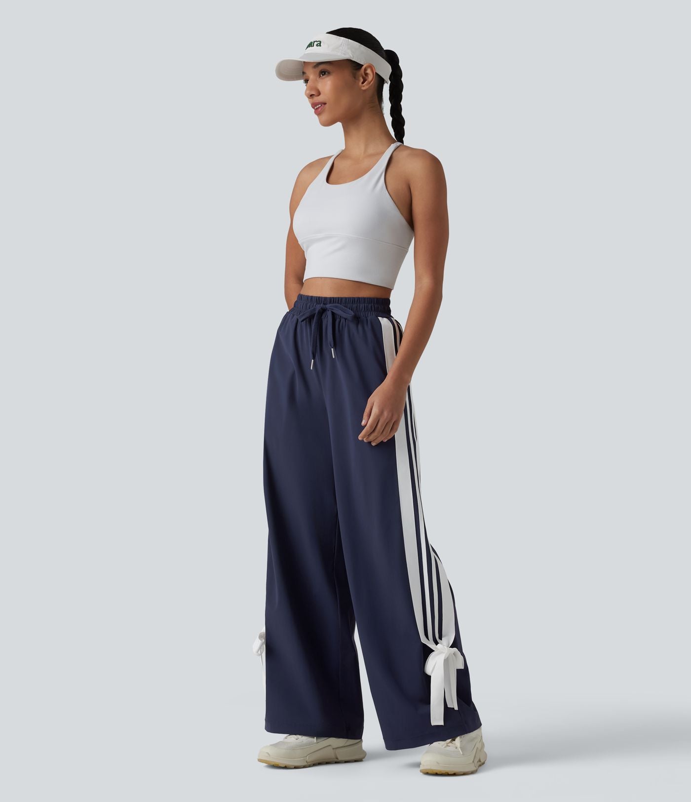 Pantalon large de course taille haute effet frais InstantCool à séchage rapide, color block à rayures avec nœud, cordon de serrage et poches, protection solaire UPF40+