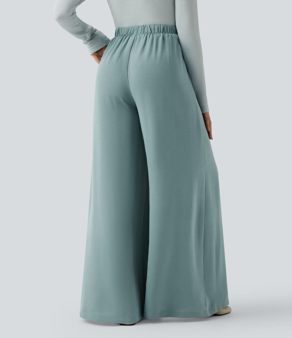 Pantalon large fluide décontracté taille haute effet lin avec cordon de serrage et poches