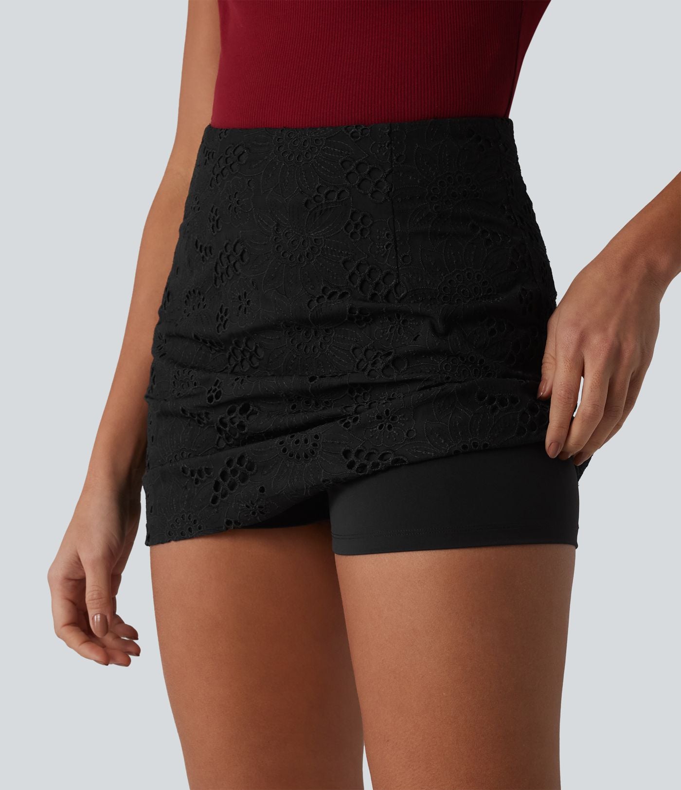 Jupe mini trapèze 2-en-1 taille haute avec fermeture éclair invisible et broderie anglaise