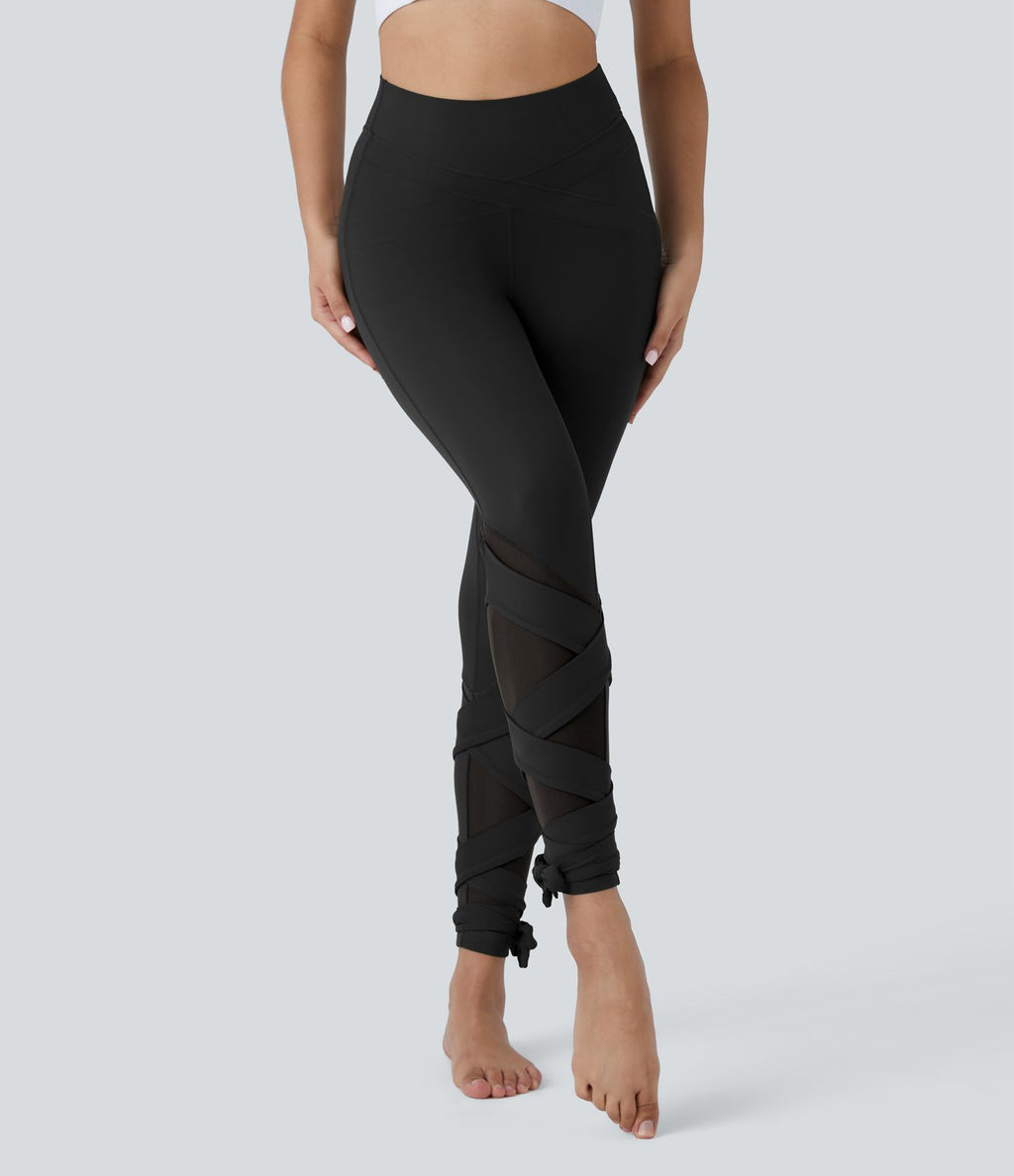 Softlyzero™ Legging Taille Haute Empiècement en Maille Contrastante Lacets Croisés Longueur 7/8