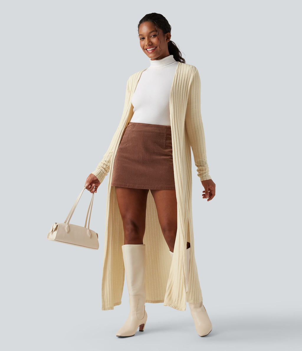 Manteau long décontracté maille côtelée manches longues avec fente