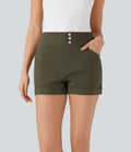 Short décontracté moulant taille haute avec boutons, ourlet roulé et poches