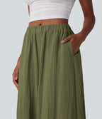 Pantalon fluide large taille mi-haute effet lin avec poche