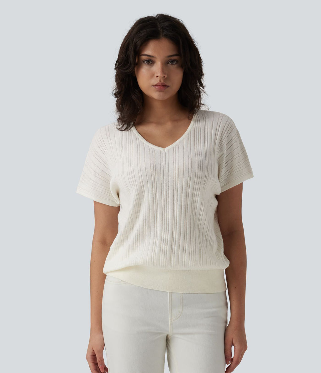 Pull casual col V manches courtes mélange laine