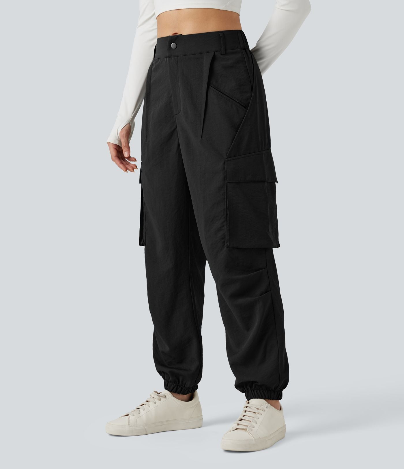 Jogging cargo décontracté, taille moyenne, à poches
