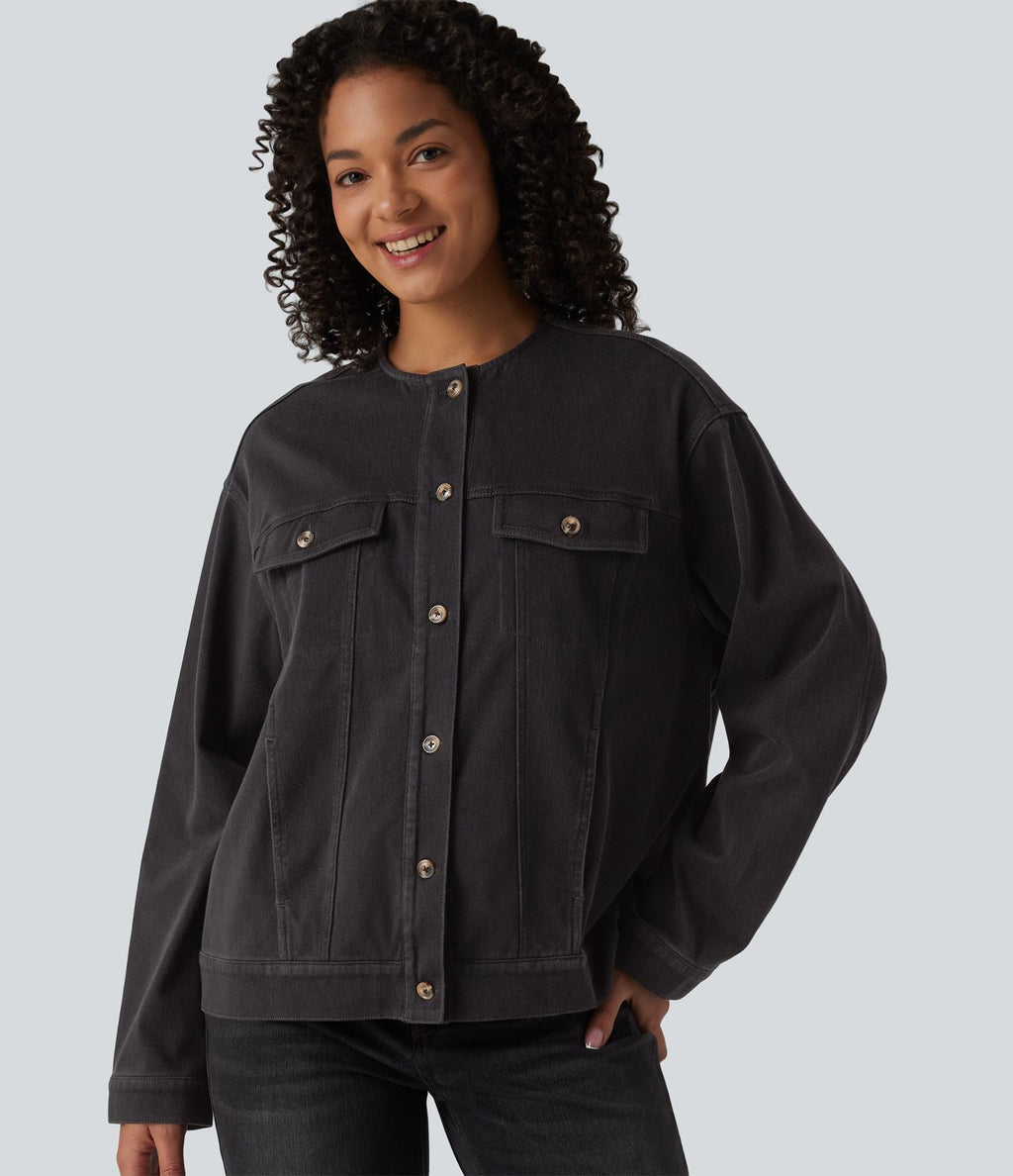 Halara Flex™ Veste décontractée en jean col rond manches longues avec poches