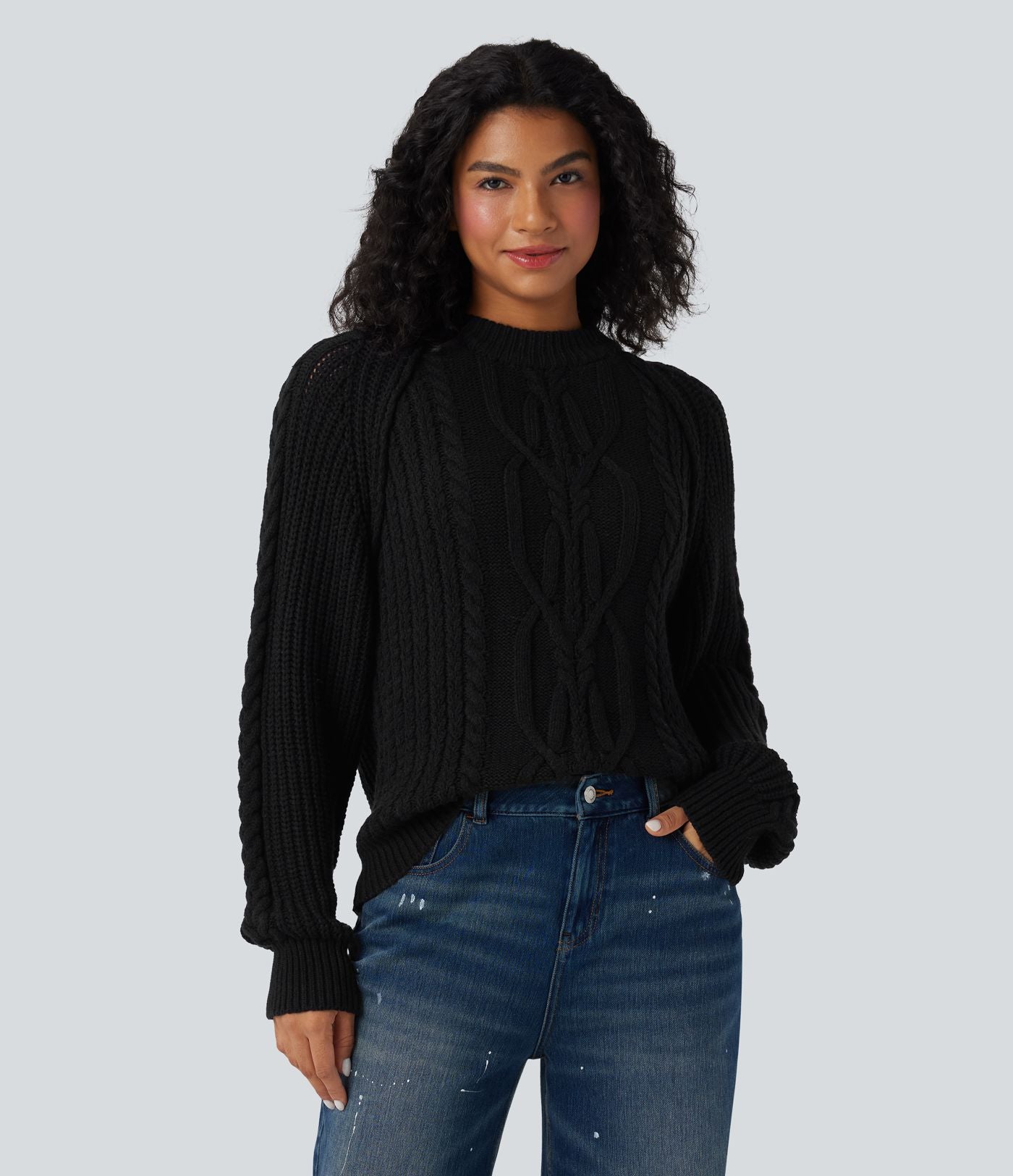 Pull décontracté maille torsadée col rond manches raglan longues coupe décontractée
