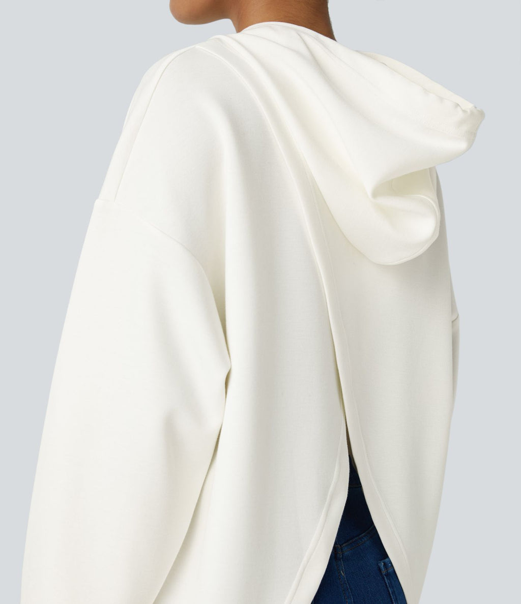 Sweat-shirt décontracté à capuche avec cordon de serrage, manches longues, poche kangourou, coupe croisée et fente