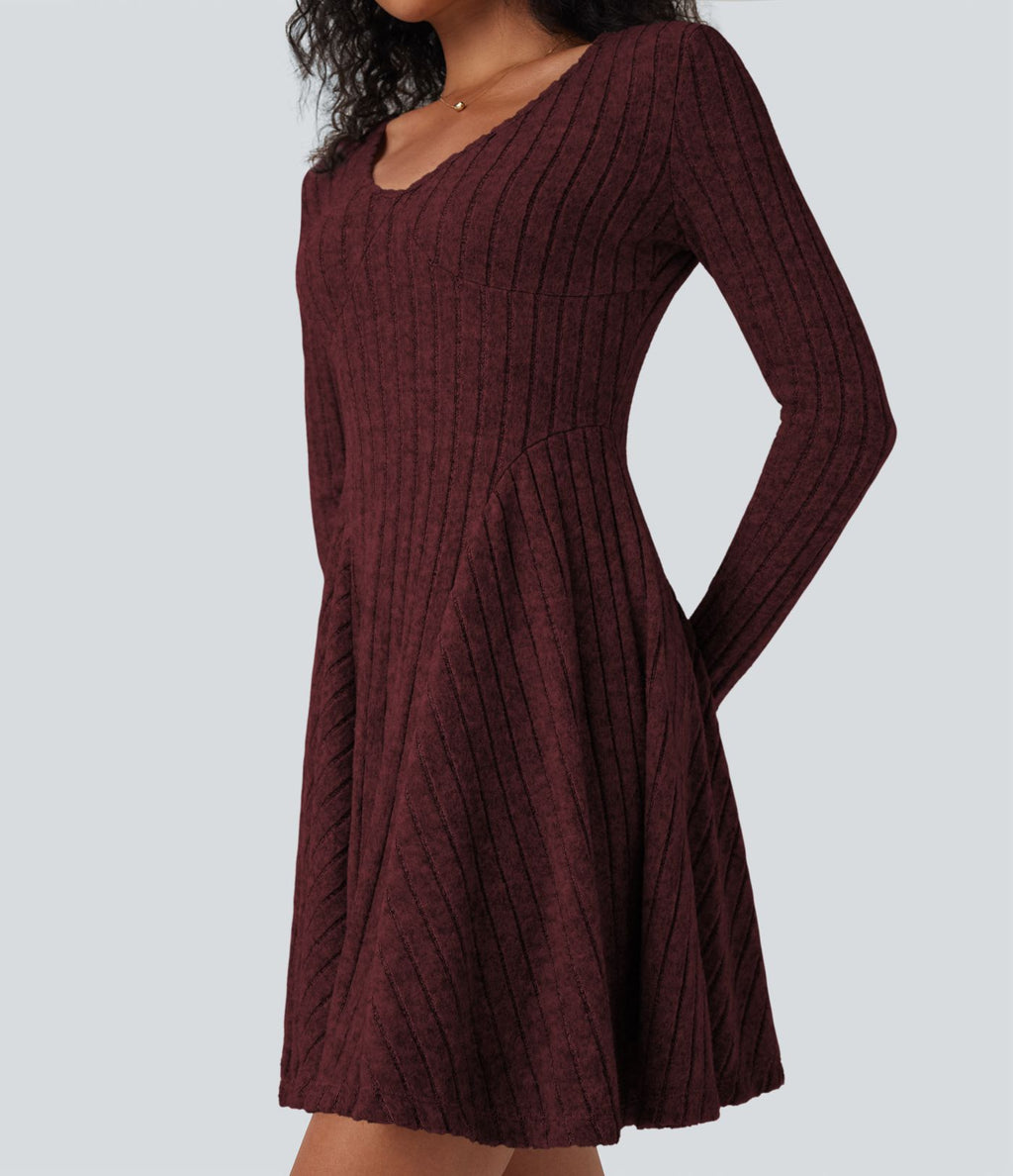 Robe décontractée mini évasée maille côtelée col V manches longues