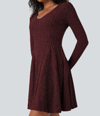 Robe décontractée mini évasée maille côtelée col V manches longues