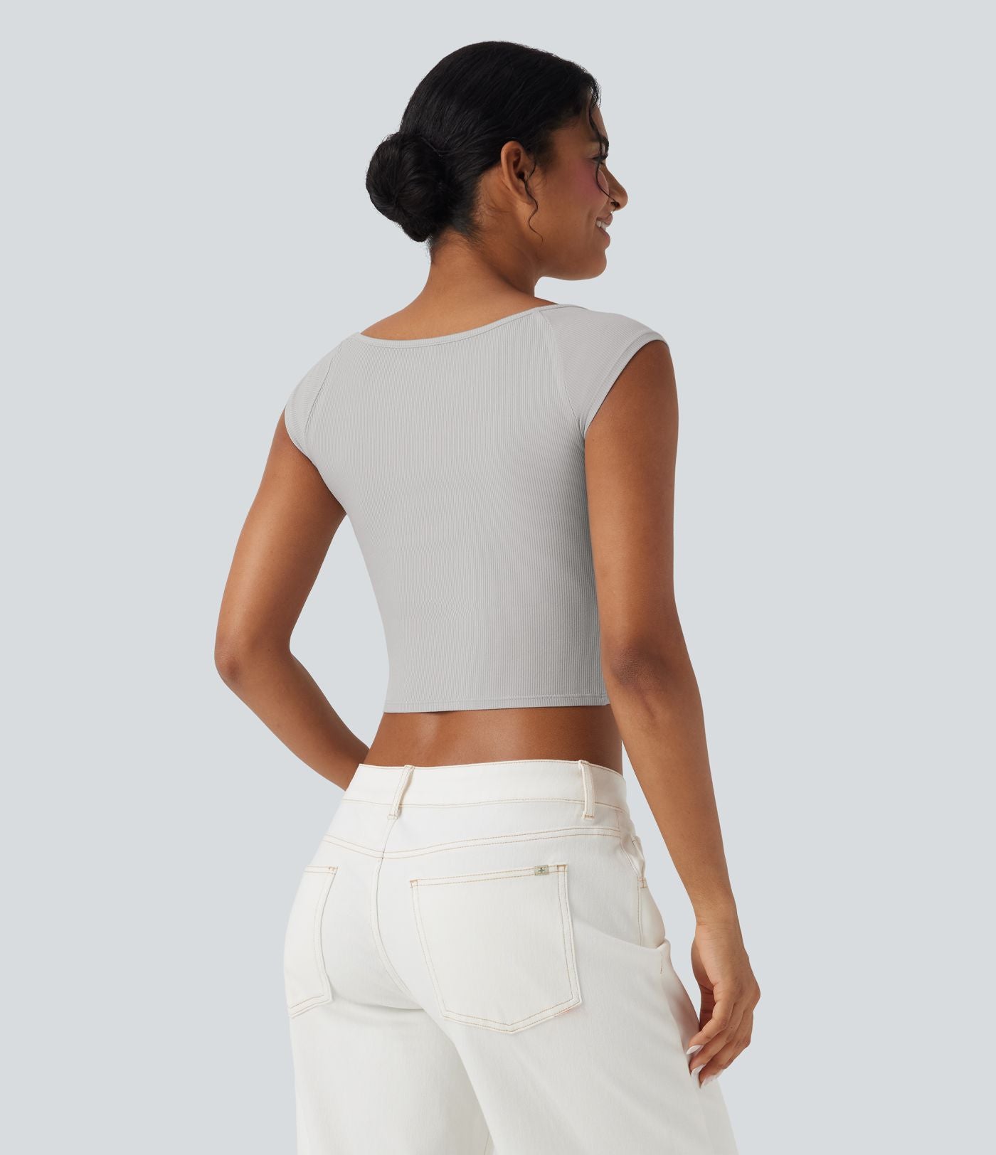 Haut casual crop tricot côtelé col bateau manches courtes