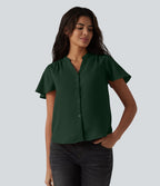 Blouse casual col V à manches volantées et ourlet arrondi