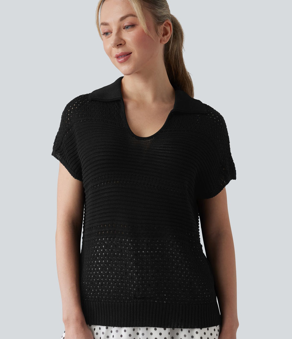 Pull resort col V manches chauve-souris courtes crochet