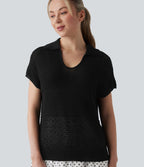 Pull resort col V manches chauve-souris courtes crochet