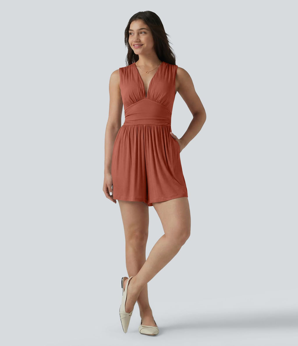 Combishort casual côtelé sans manches col V, fronces et soutien-gorge intégré, avec poches – Easy Peasy
