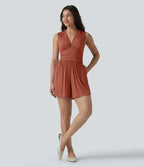 Combishort casual côtelé sans manches col V, fronces et soutien-gorge intégré, avec poches – Easy Peasy