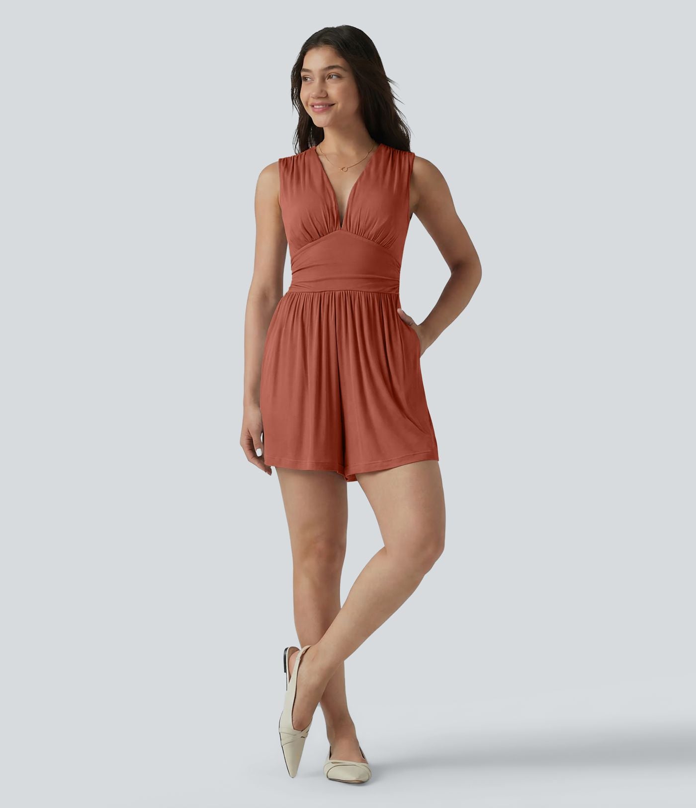 Combishort casual côtelé sans manches col V, fronces et soutien-gorge intégré, avec poches – Easy Peasy