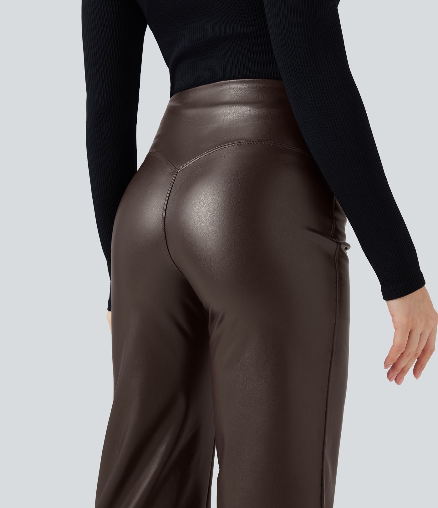 Pantalon similicuir évasé gainant taille haute stretch avec poches