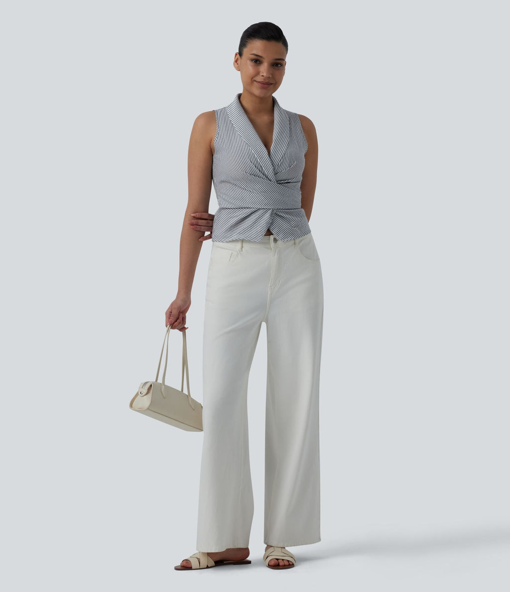 Chemise décontractée à rayures, col V, sans manches, dos noué