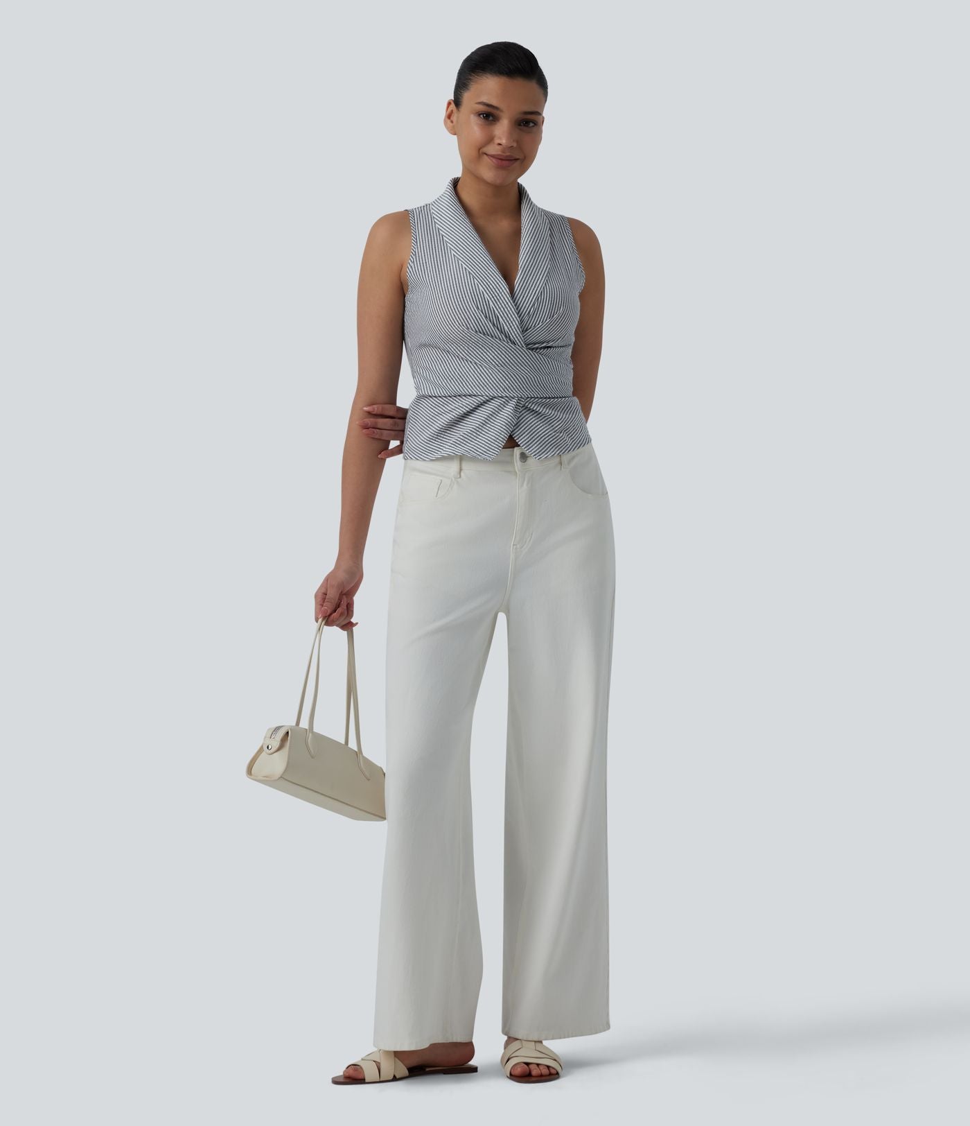 Chemise décontractée à rayures, col V, sans manches, dos noué