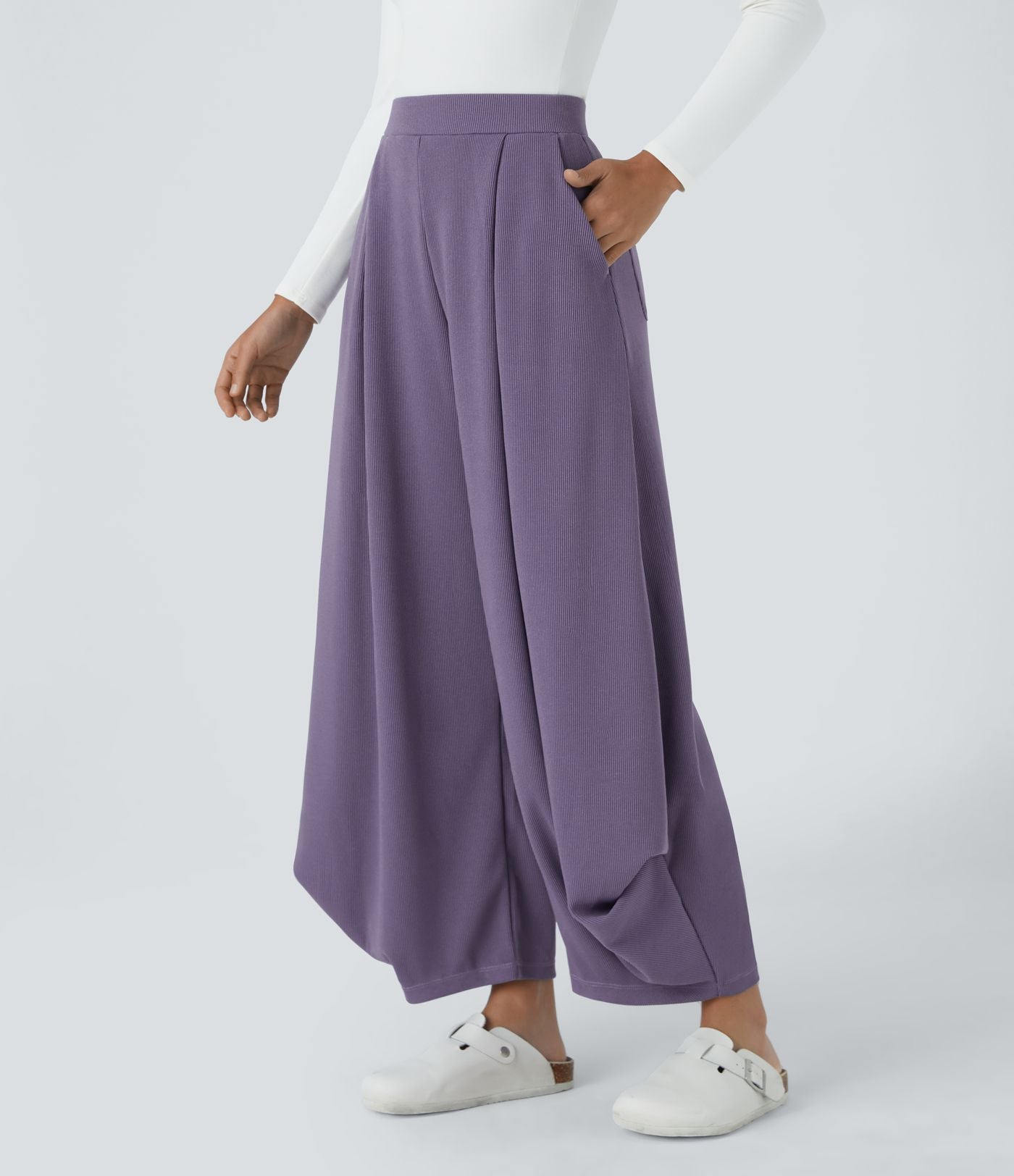 Pantalon décontracté harem uni côtelé, taille haute, avec poches