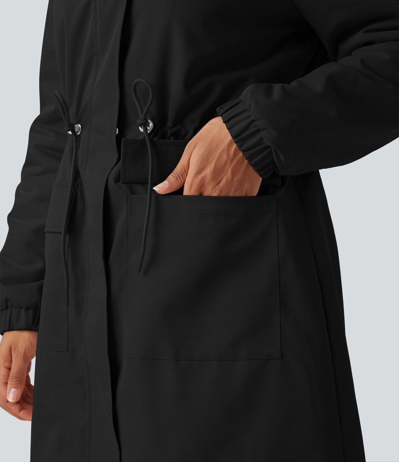 Parka longue polaire à capuche avec cordon de serrage manches longues et poches