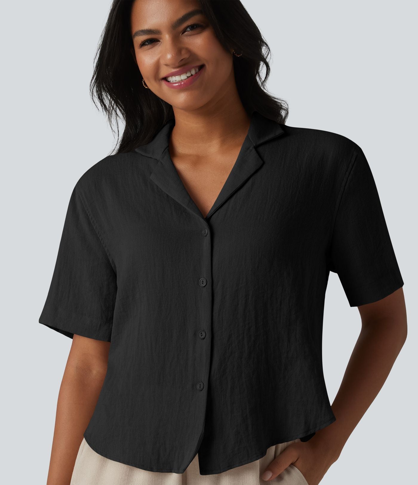 Chemise décontractée col cranté manches courtes en mélange lyocell et lin