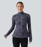 Veste décontractée Halara UltraSculpt™ imprimé léopard col montant manches longues avec trous pour pouces et poches