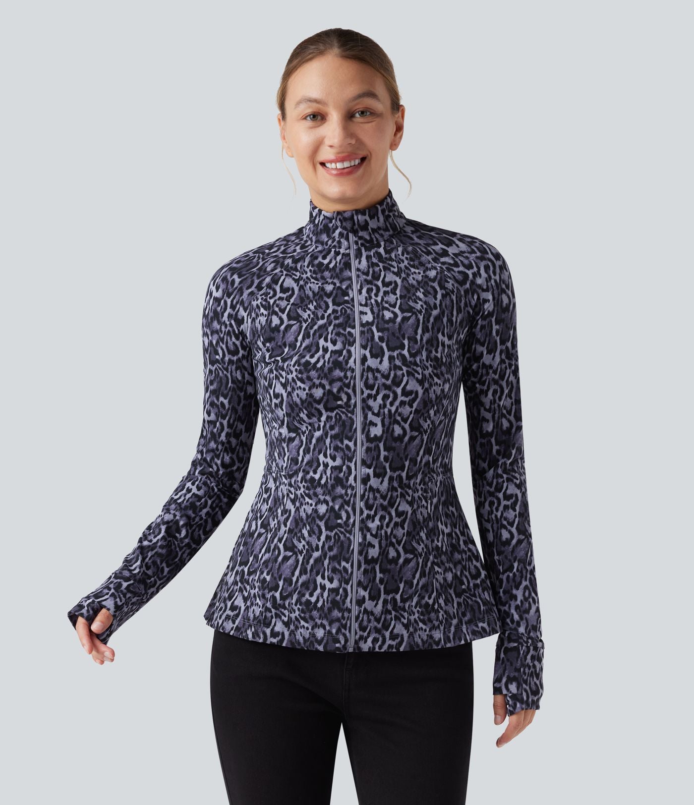 Veste décontractée Halara UltraSculpt™ imprimé léopard col montant manches longues avec trous pour pouces et poches