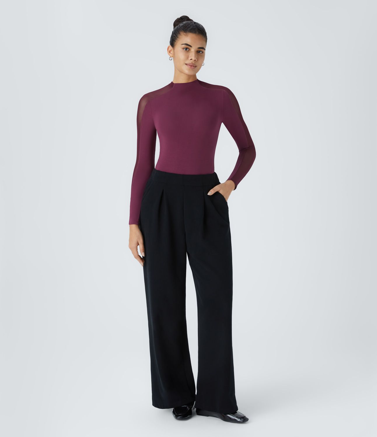 Top de Travail Skinny à Col Montant Manches Raglan Longues Mesh Contrastés