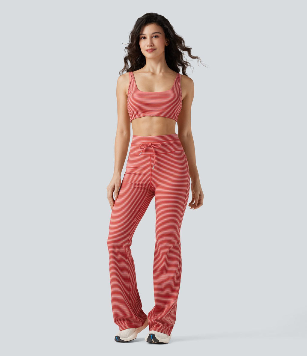 Pantalon de yoga évasé à rayures, taille haute, cordon et poches