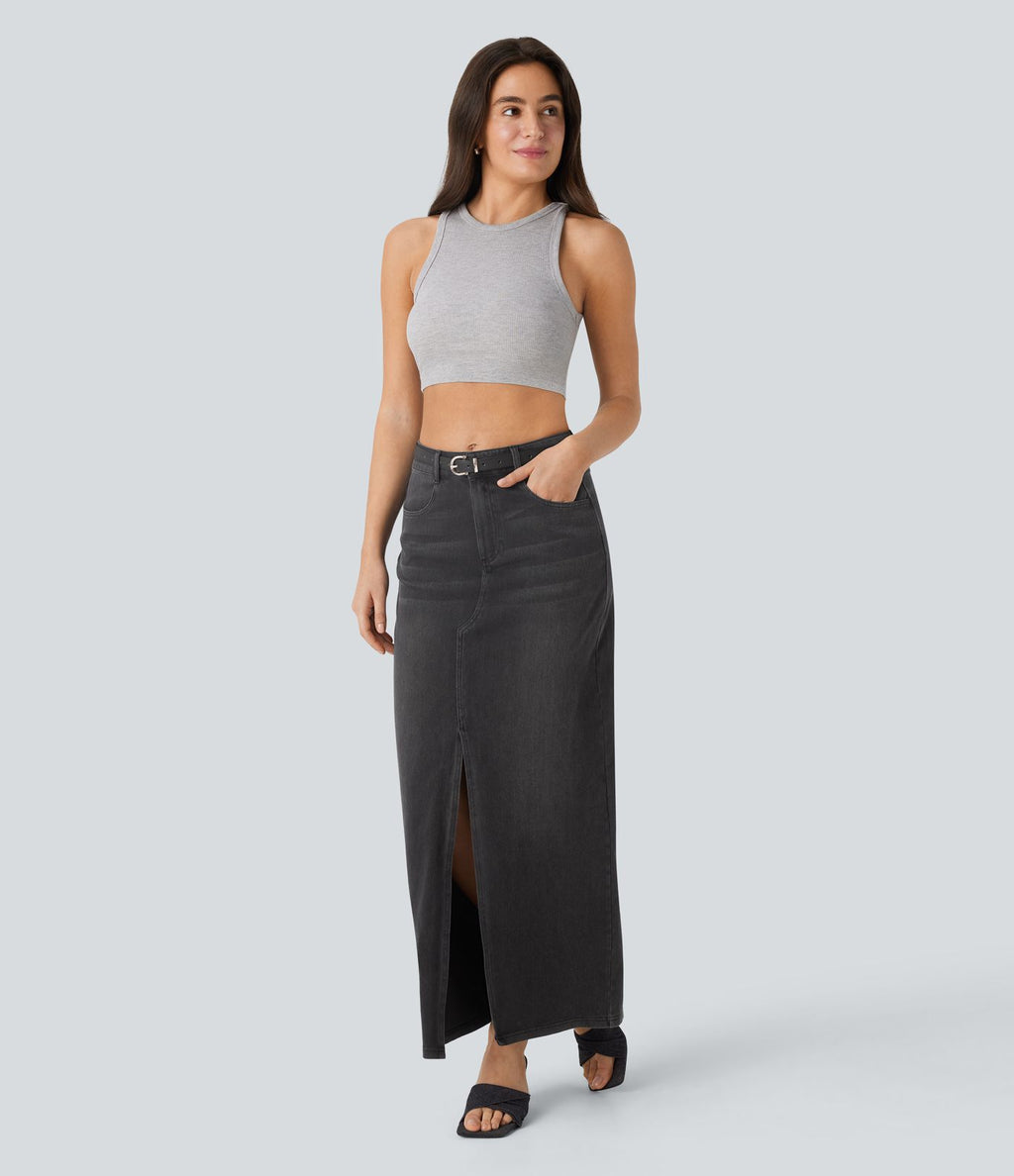 Halara Flex™ Jupe en Jean longue décontractée extensible délavé taille moyenne avec fente et multiples poches