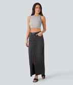 Halara Flex™ Jupe en Jean longue décontractée extensible délavé taille moyenne avec fente et multiples poches