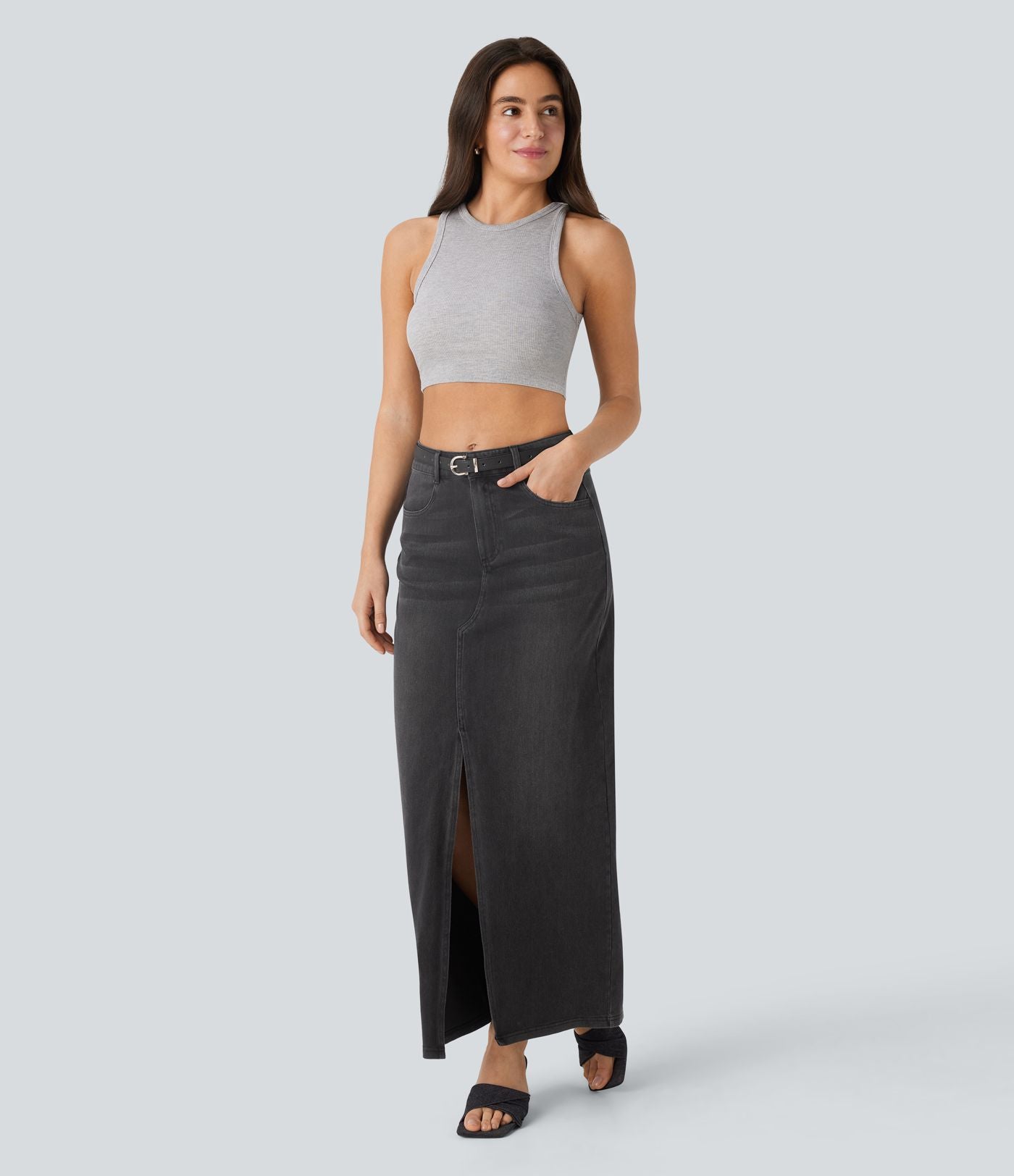 Halara Flex™ Jupe en Jean longue décontractée extensible délavé taille moyenne avec fente et multiples poches