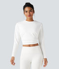 Top de sport yoga court froncé col rond manches longues