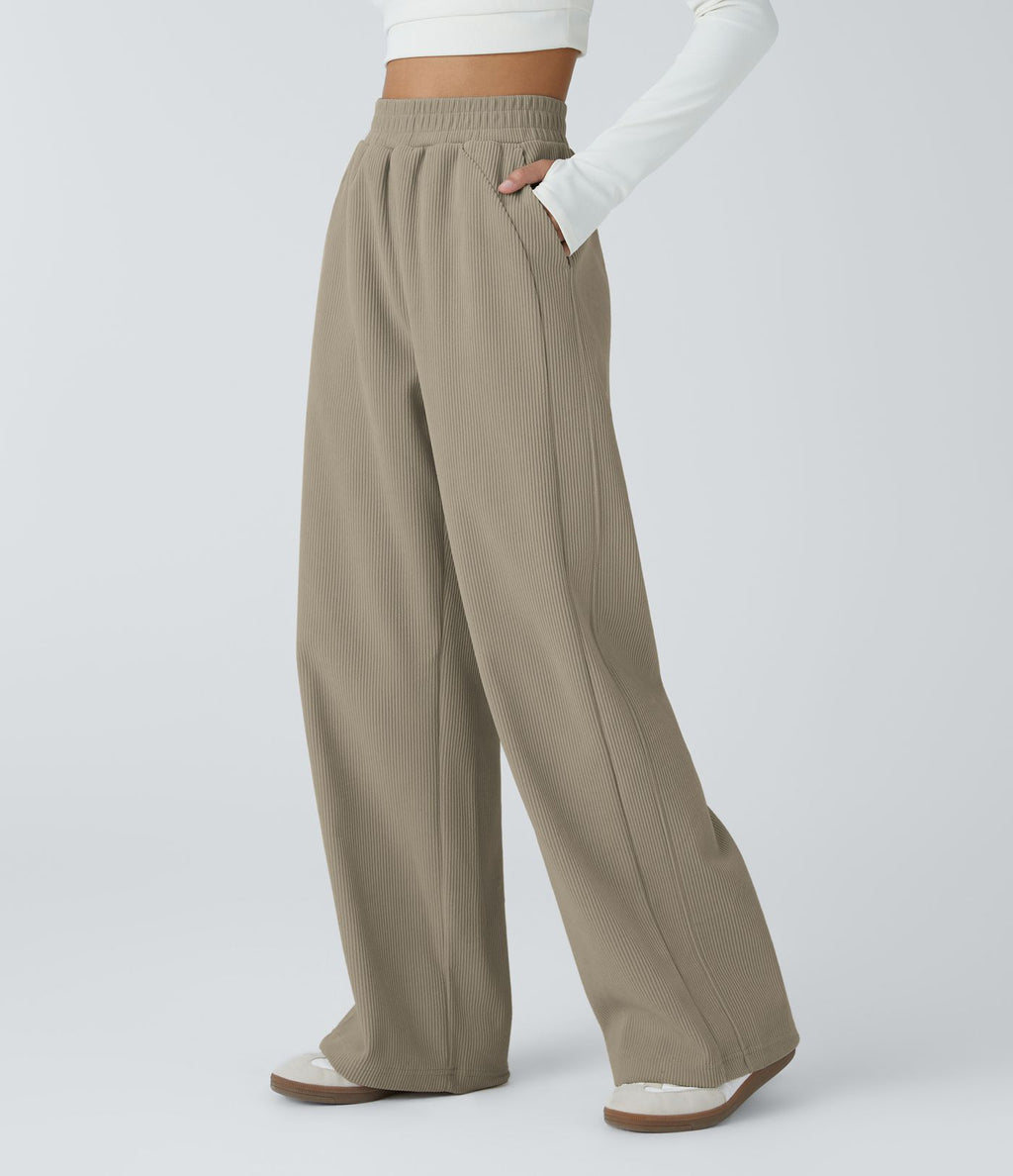 Pantalon velours côtelé de jogging décontracté à taille haute avec poches latérales