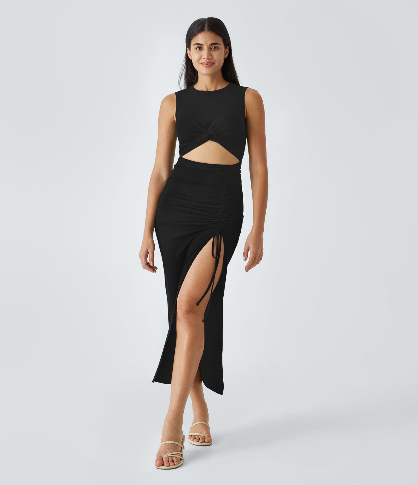 Robe Midi Casual Moulante  Ourlet Fendu Col Rond Découpes Torsadées Froncée Cordon Serrage