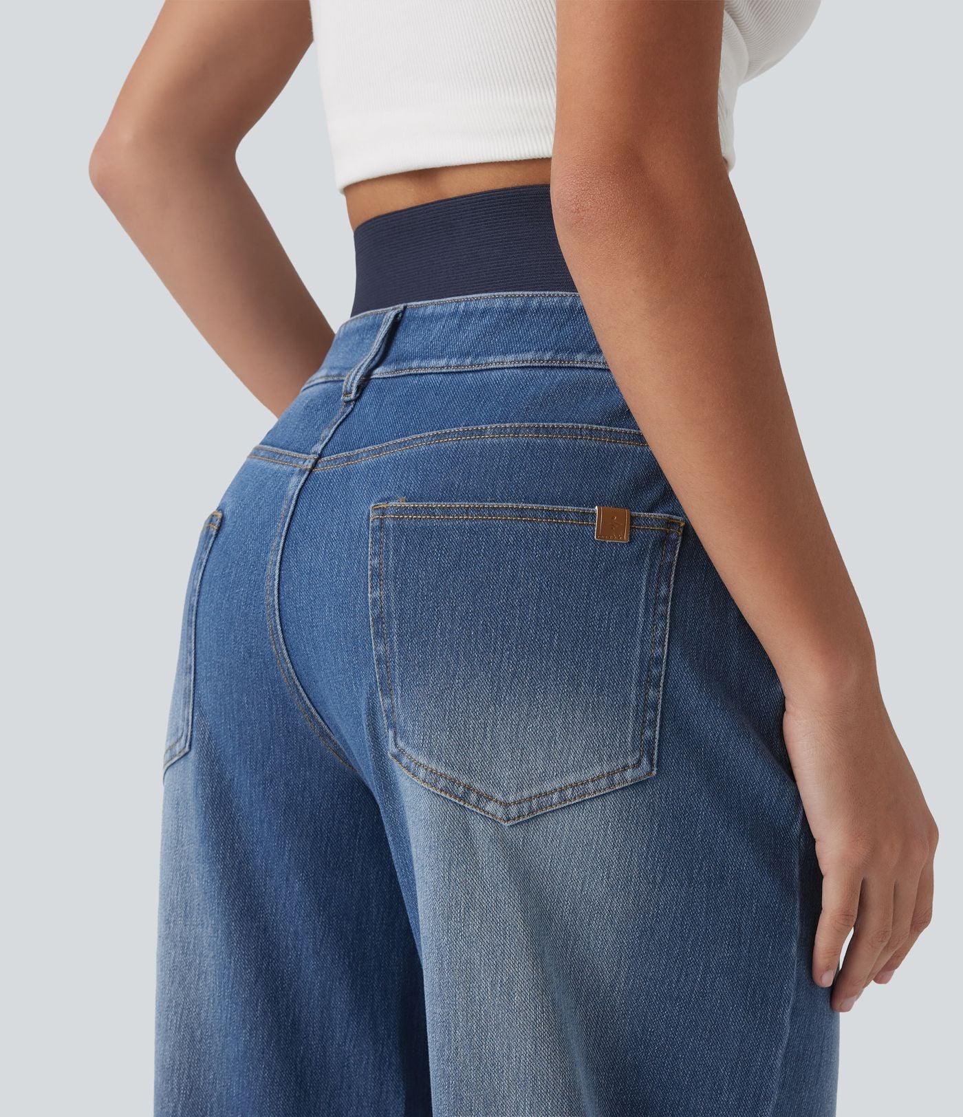 Jean large délavé Halara Flex™ taille haute gainant avec poches