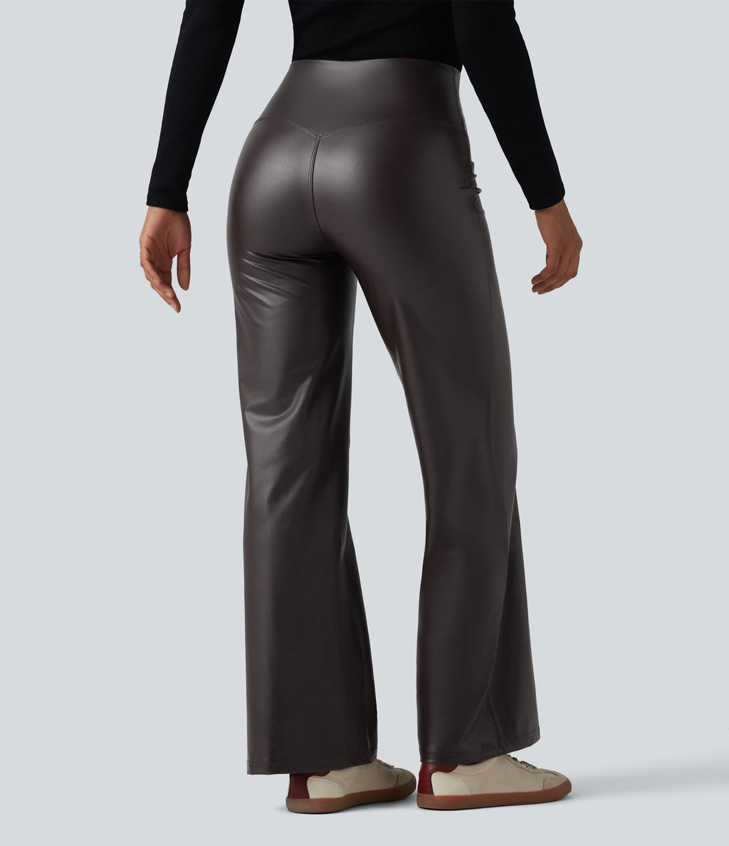 Pantalon casual évasé gainant taille haute en simili cuir extensible avec poches