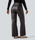Pantalon casual évasé gainant taille haute en simili cuir extensible avec poches