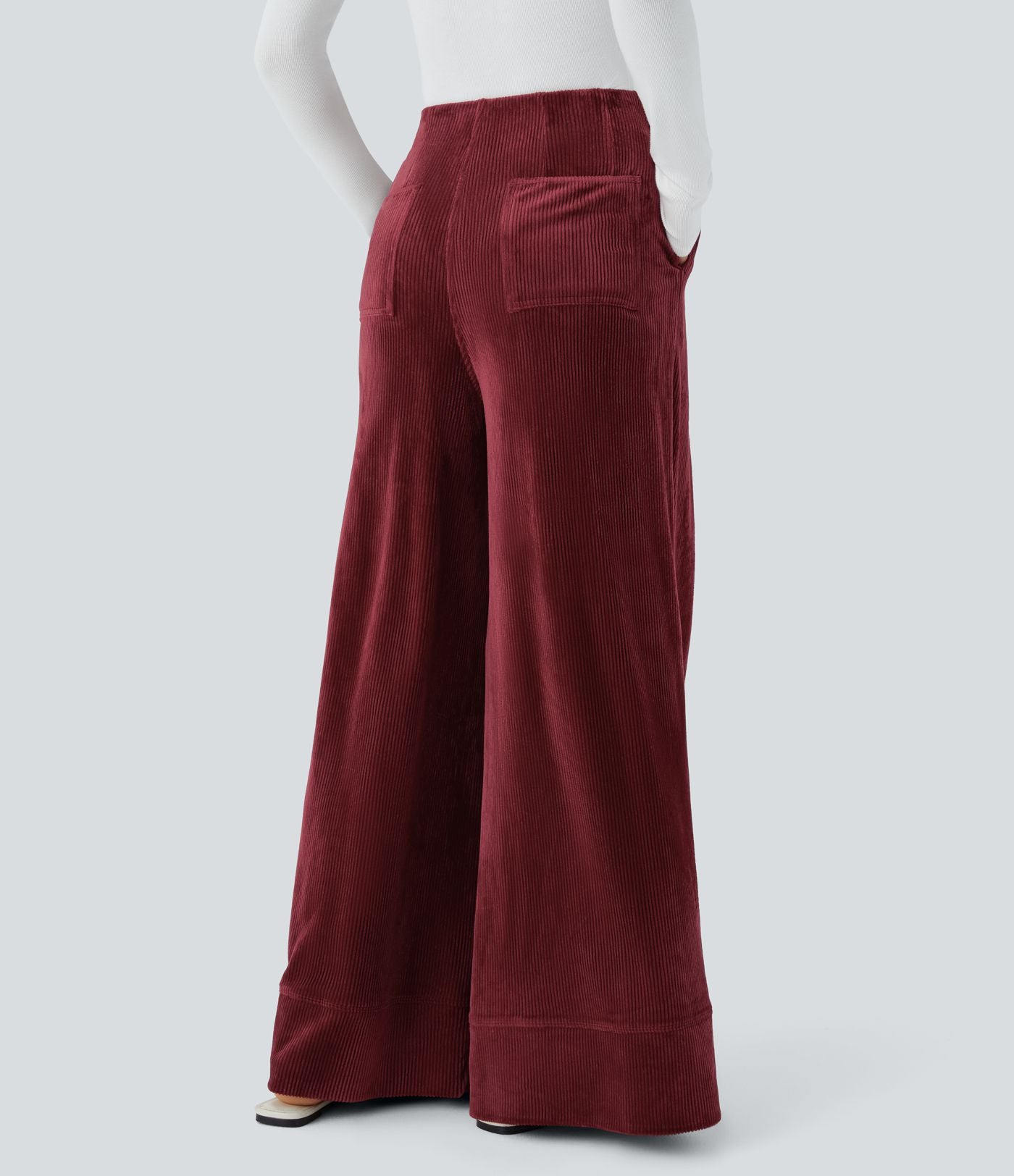 Pantalon de palazzo décontracté en velours côtelé taille haute à plis avec poches multiples