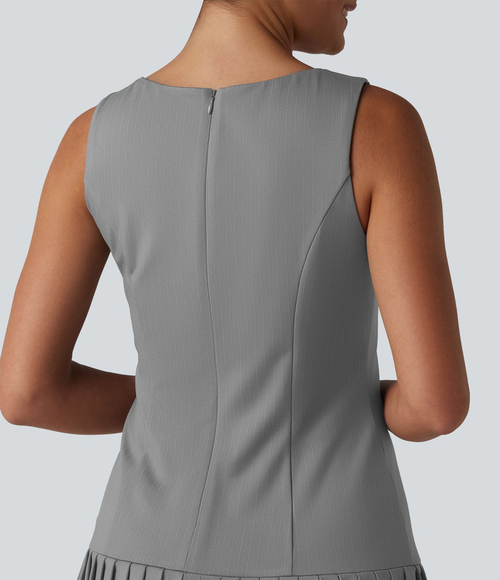 Robe mini habillée col bateau sans manches à rayures et détails plissés