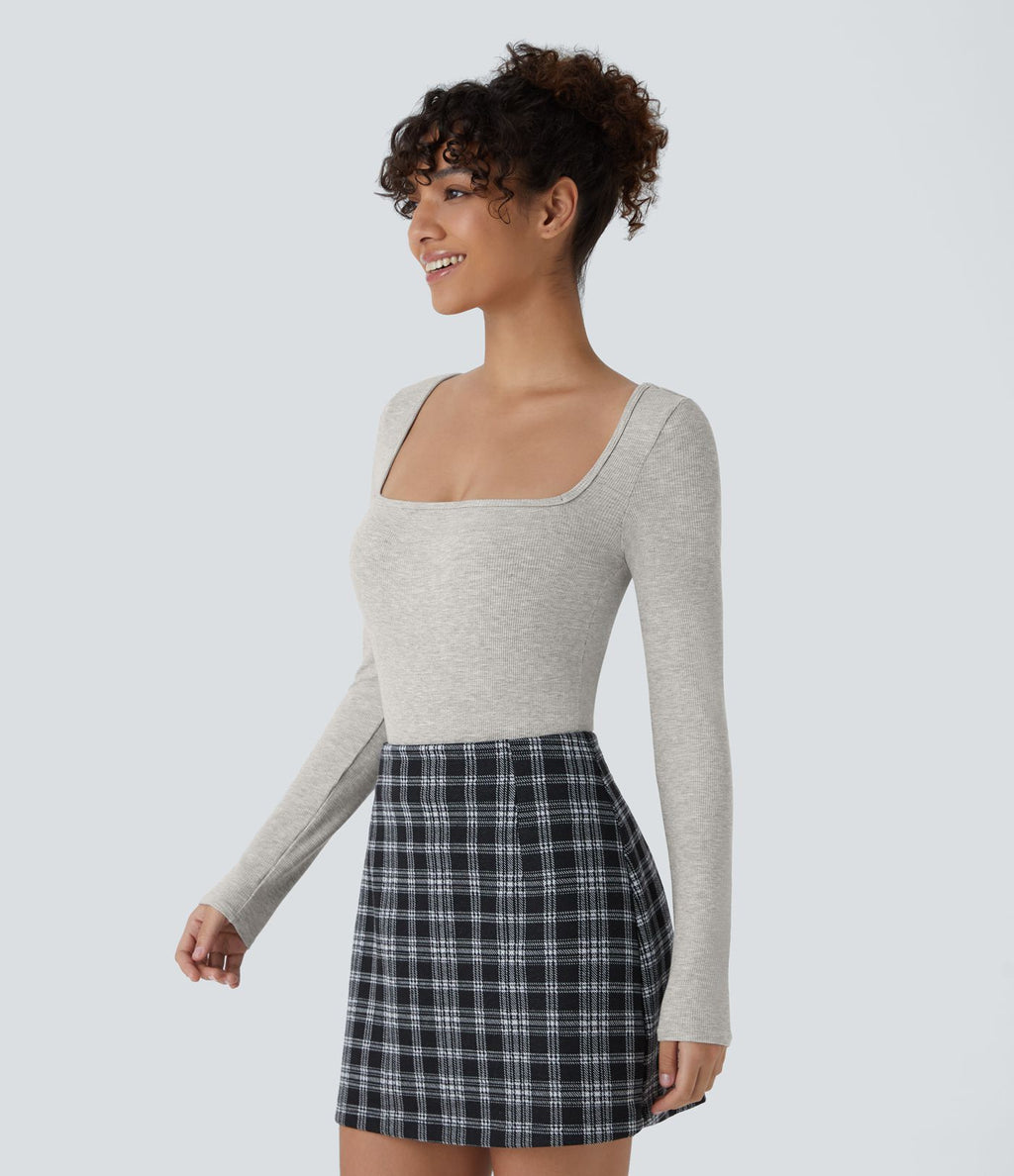 Bodysuit de Travail Tricot Côtelé Col Carré Manches Longues Boutonné Silhouette Élancée