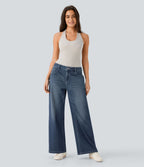 Halara Flex™ Jean Large Casual Taille Basse avec Boutons Zip Multiples Poches Lavés Élastiques et Tricotés