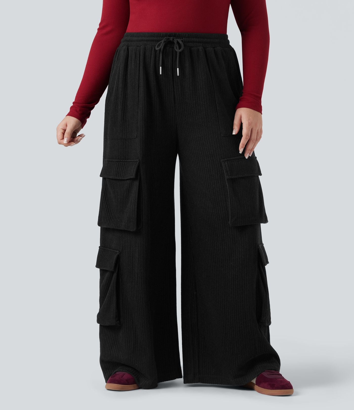 Pantalon cargo décontracté grande taille, ample, côtelé, taille mi-haute, à cordon, avec poches